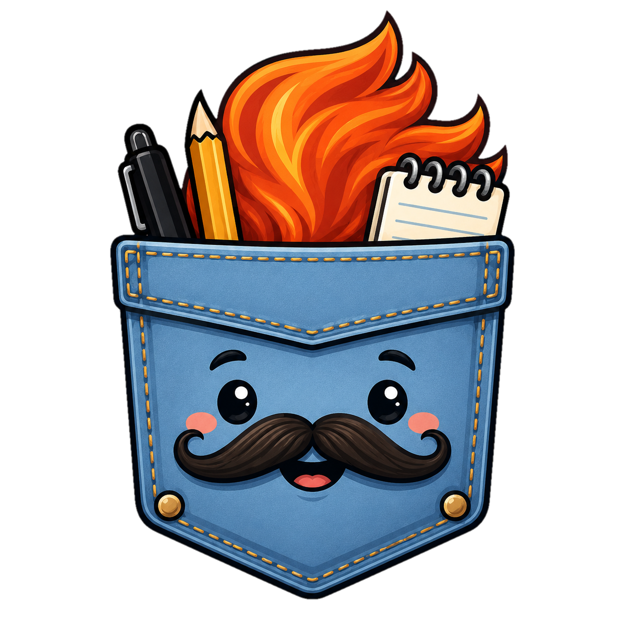 Marshal, the Pocket Marshal mascot — a denim pocket with a flame, pen, pencil and notepad